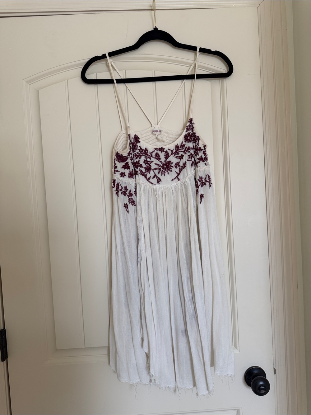 Free People White Sundress with Burgundy Floral Embroidery
